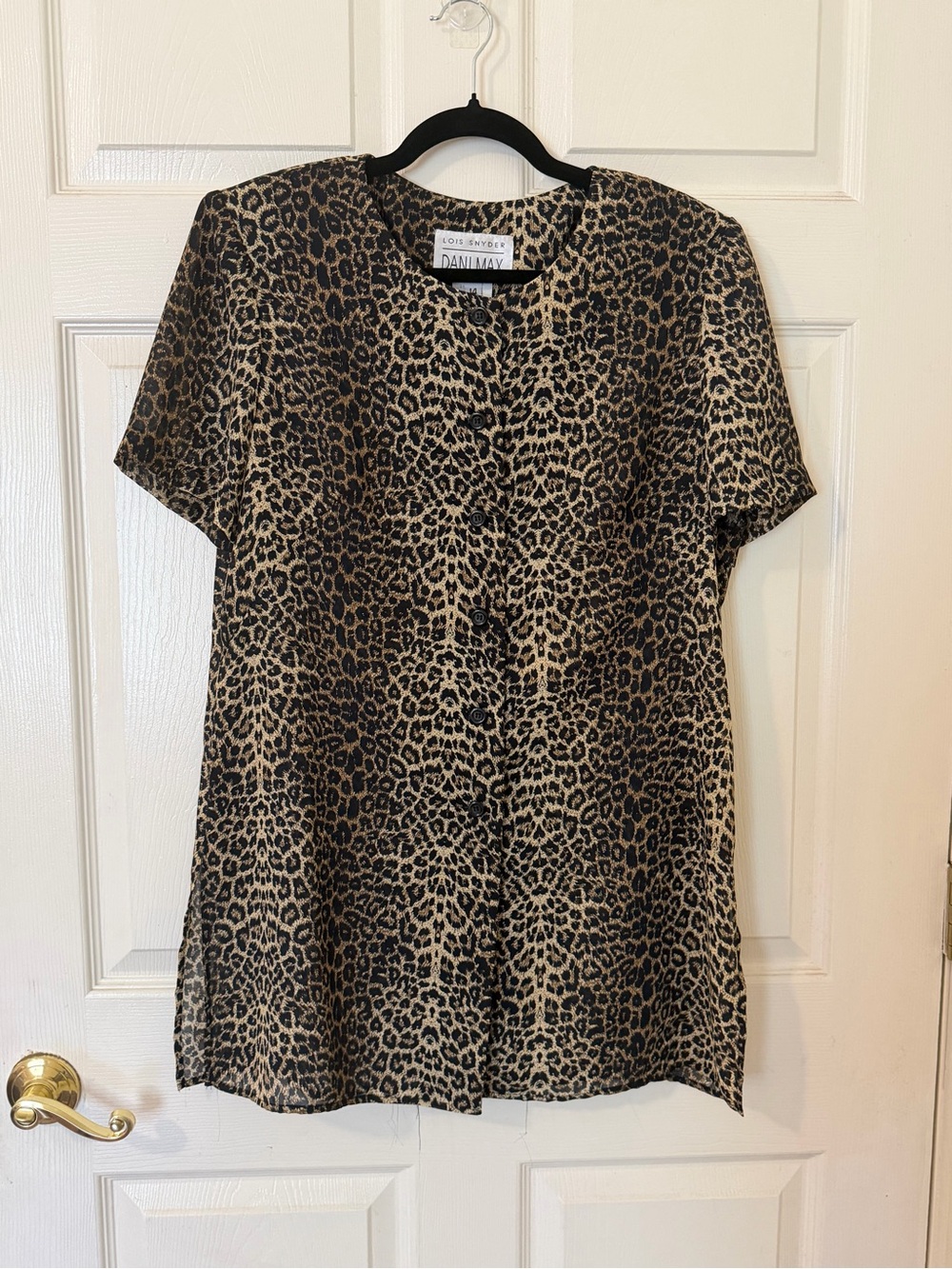 Vintage 90s Lois Snyder Dani Max Leopard Print Button Up Tunic Blouse 14